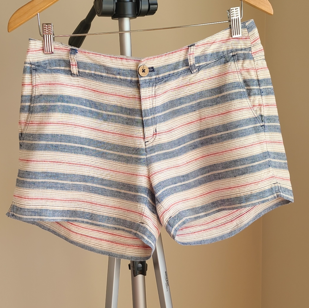 Kenar Linen Shorts, Size 2, Blue/Cream/Res